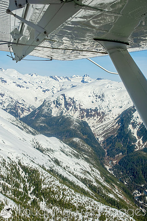 Glaciers, mountains, and snow in and around Taku Inlet taken from a De Haviland DHC-3 Otter of Wings Airways