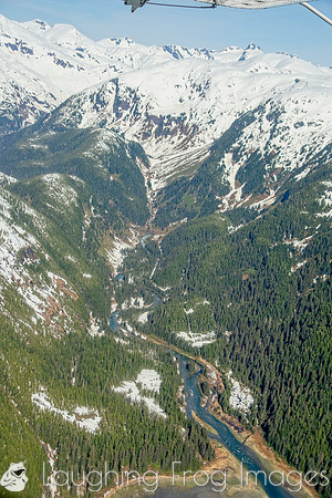 Glaciers, mountains, and snow in and around Taku Inlet taken from a De Haviland DHC-3 Otter of Wings Airways