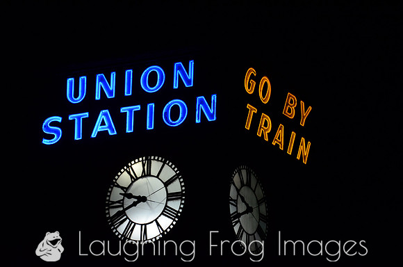 Portland Union Station neon signs and clock